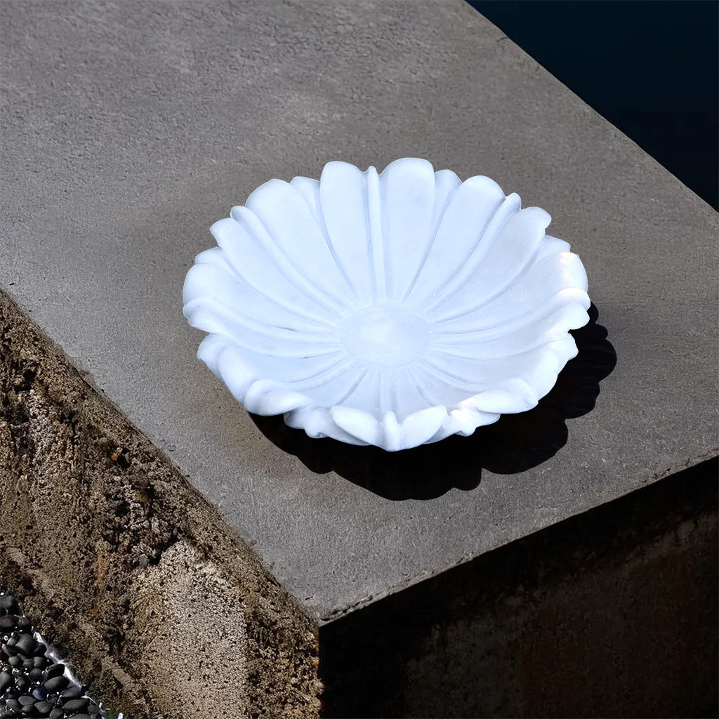 Hand-Carved White Marble Ruffle Urli Bowl – 12-Inch Decorative Fruit & Flower Bowl