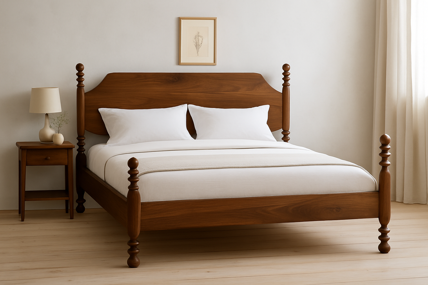 Traditional solid wood poster bed with turned pillars and sculpted walnut headboard, styled in a neutral-toned bedroom with soft lighting.