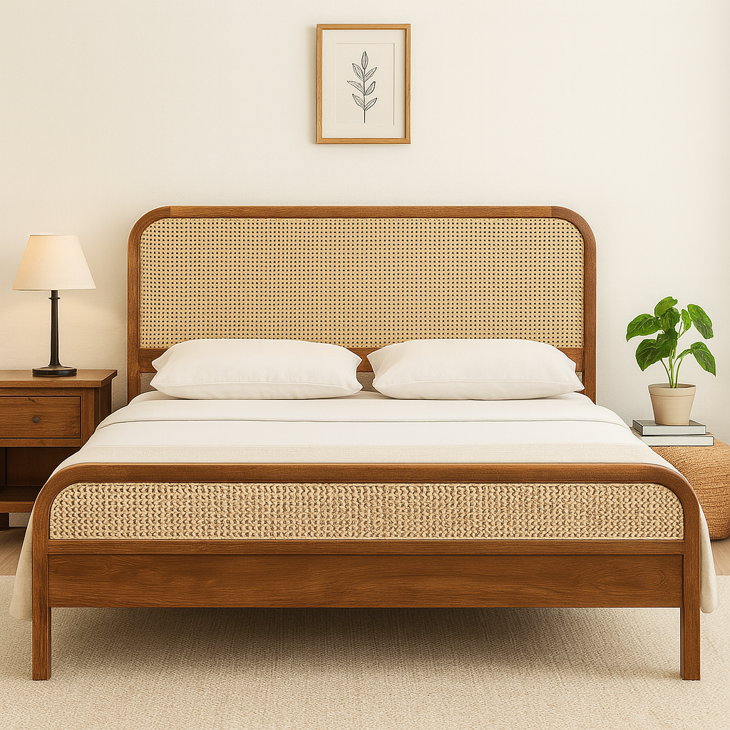 Mid-century modern solid wood bed with rattan cane headboard and footboard, styled in a tropical minimalist bedroom with soft lighting.