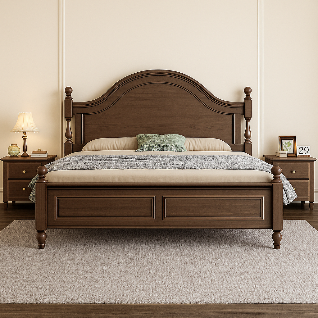 Solid wood bed with curved headboard and carved panels in walnut finish, styled in a classic luxury bedroom interior.