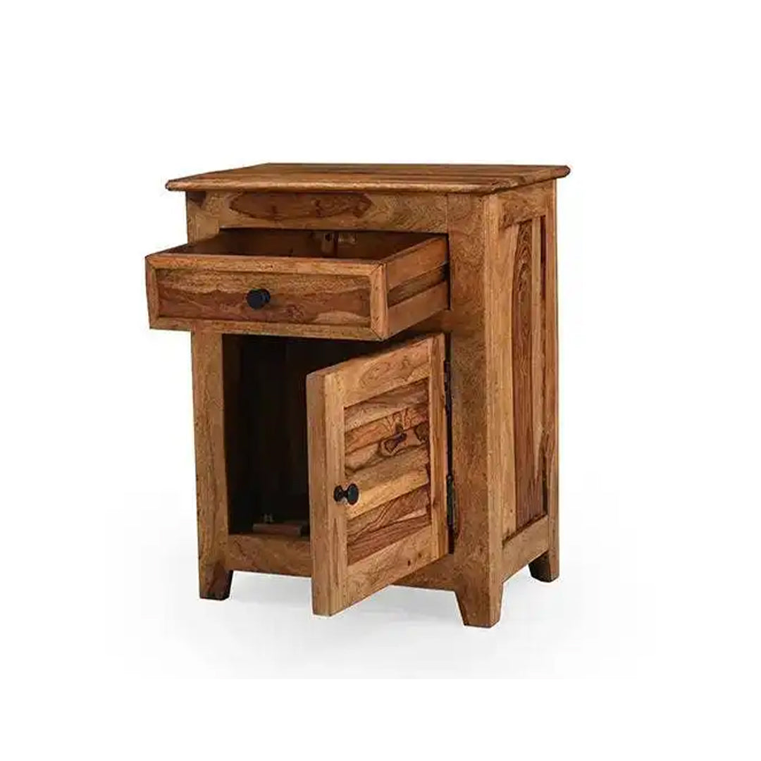 wooden bedside table with one door and one drawer , best for home decor , unique bedside