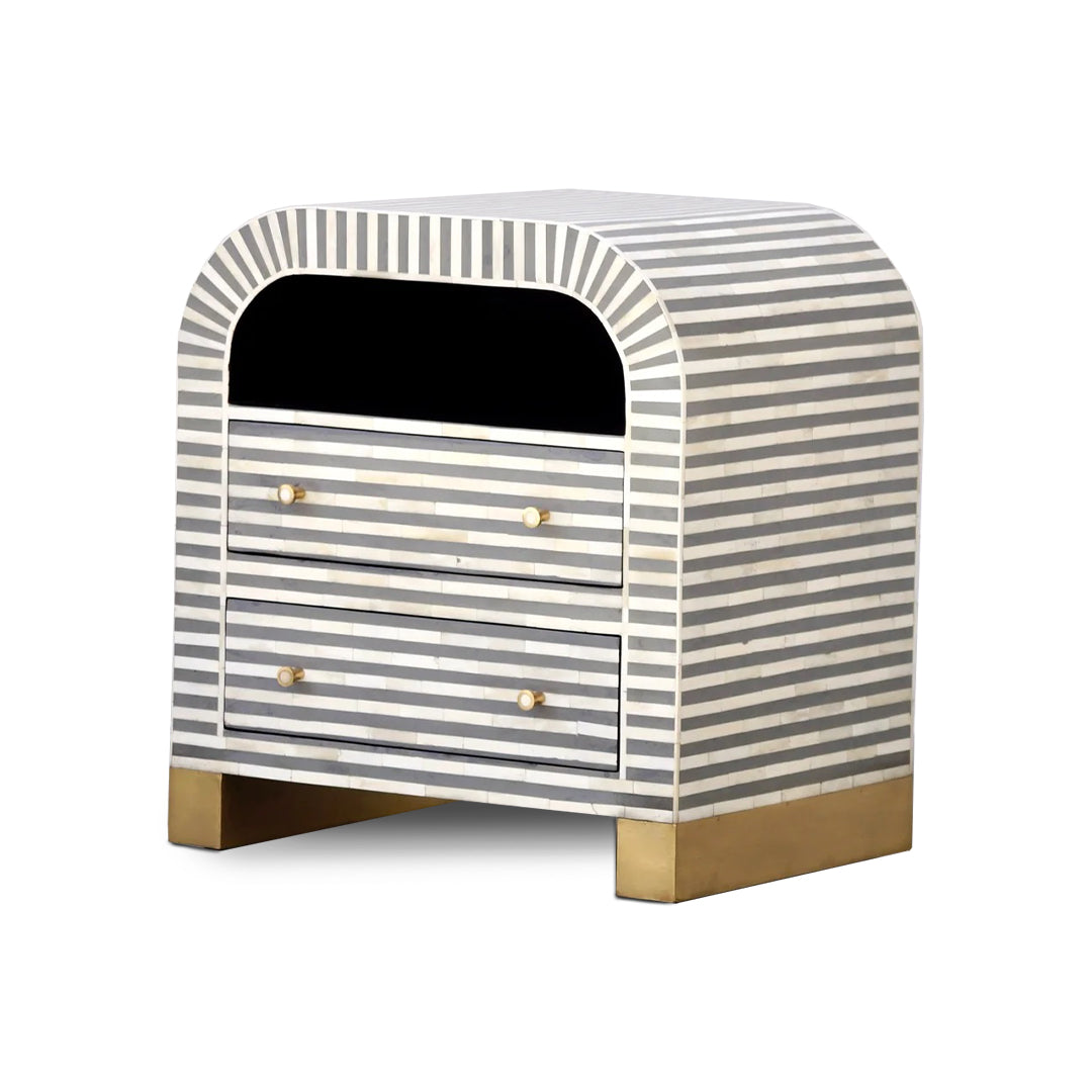 Bone Inlay Curved Bedside Table - Stripe Pattern