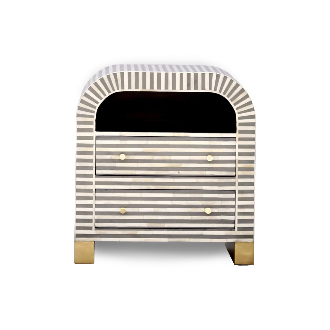 Bone Inlay Curved Bedside Table - Stripe Pattern