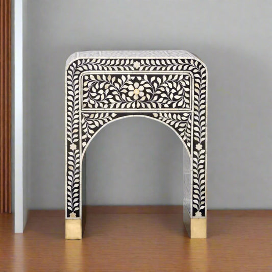 Bone Inlay Curved Bedside Table - Floral