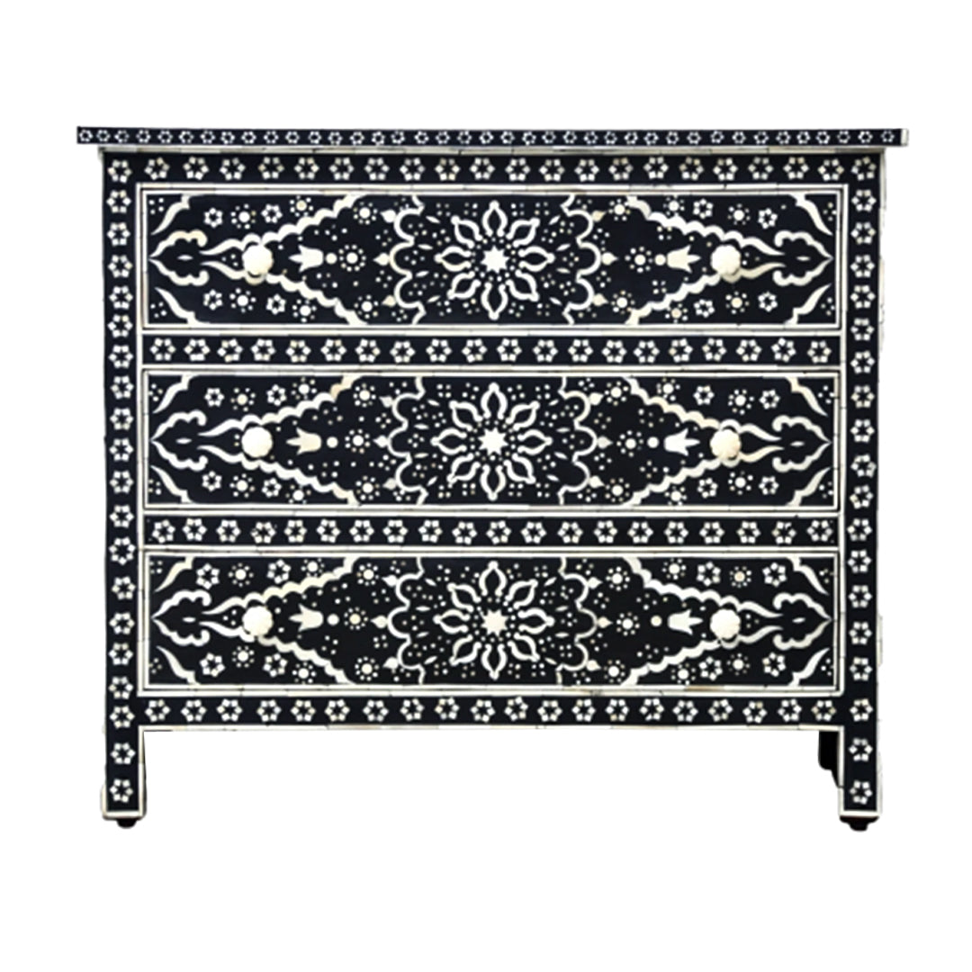 Bone Inlay Chest Of 3 Drawers , Floral Pattern In Black