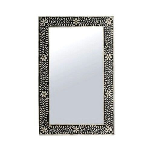 Handmade Bone Inlay Mirror Frame Floral Pettren Black color