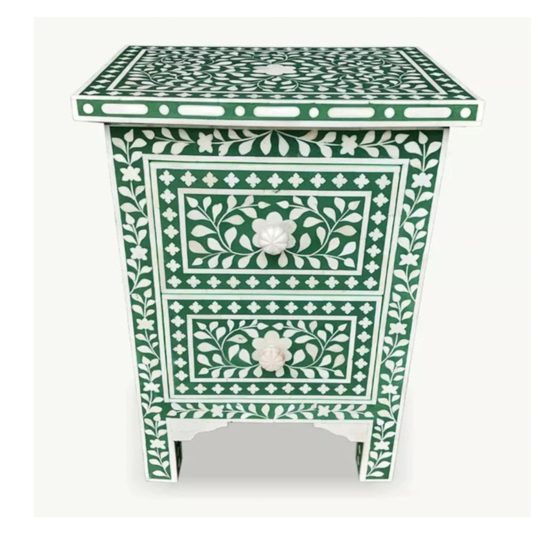 Handmade Customized Bone Inlay 2 Drawer Bedside Table