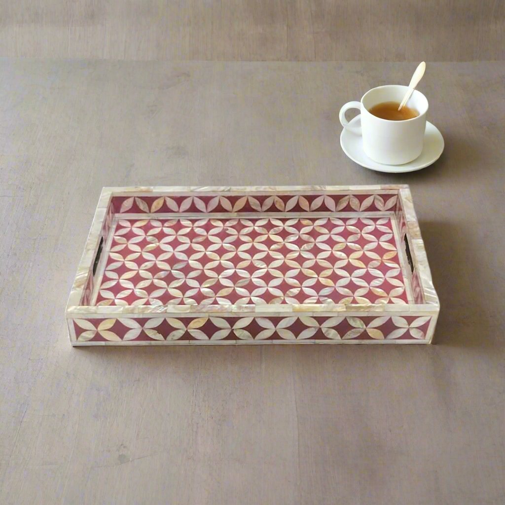 Mother of pearl inlay Rectangle Serving Tray Red