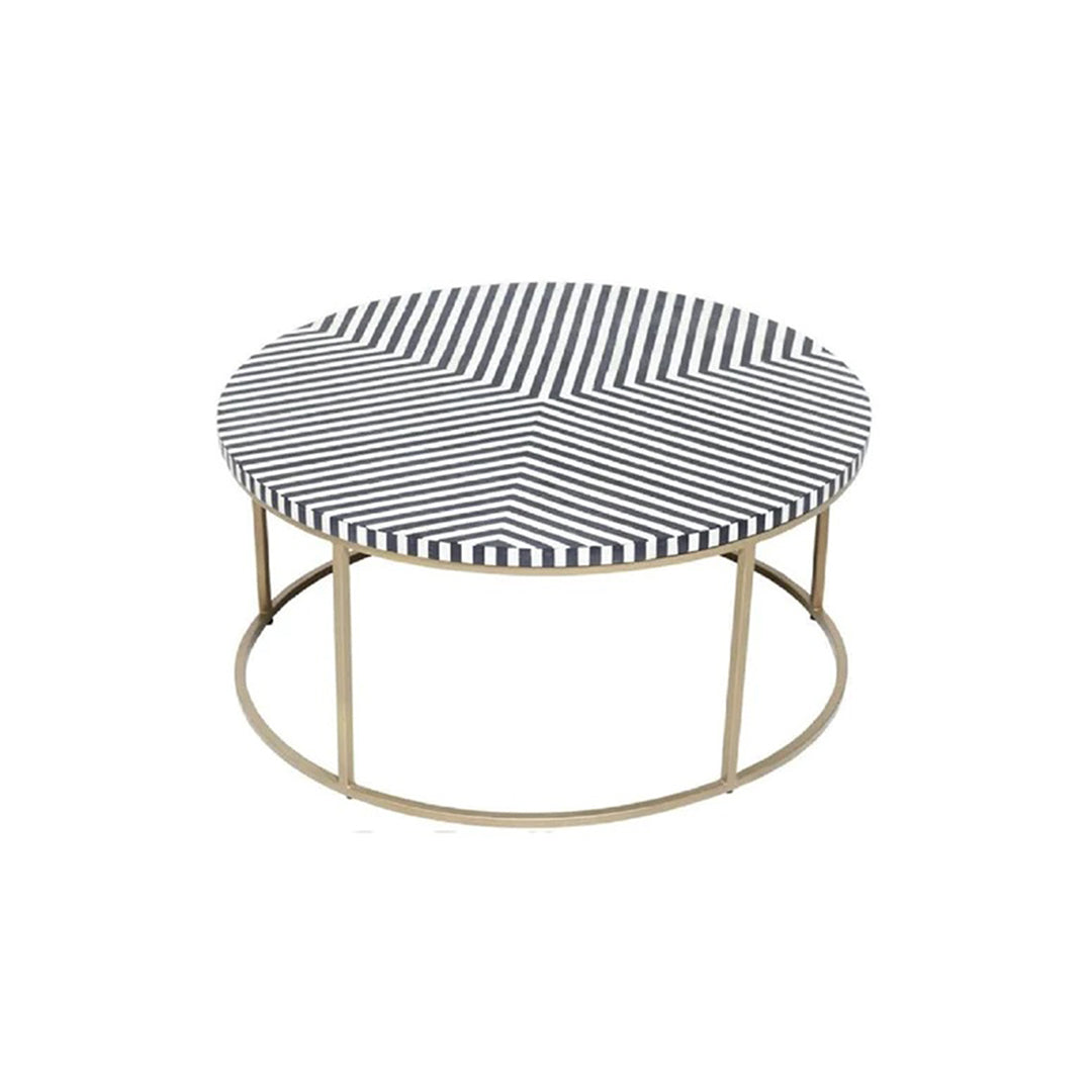 Geometric Black and White Striped Round Bone Inlay Coffee Table