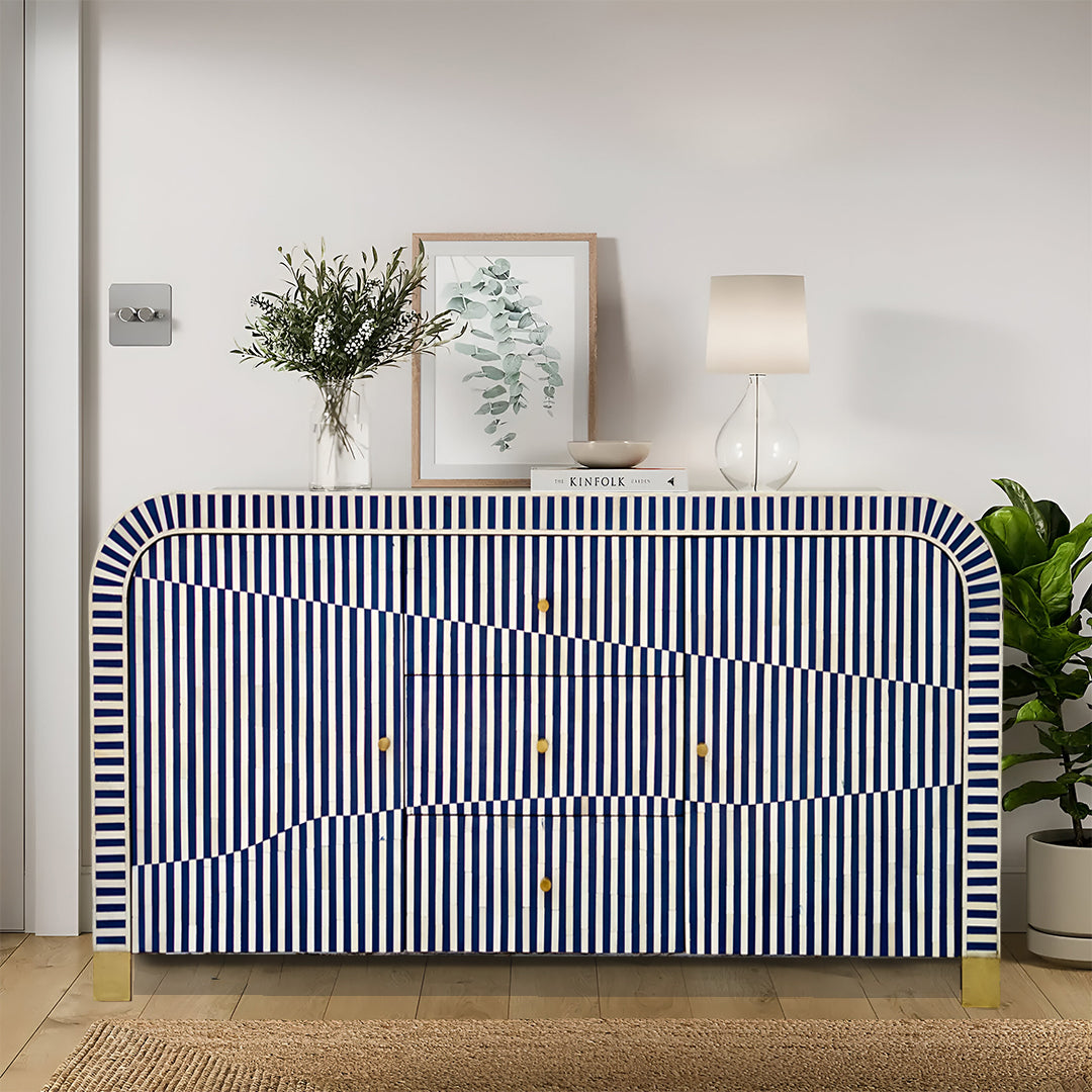 Bone Inlay Curved Sideboard - Blue Stripe