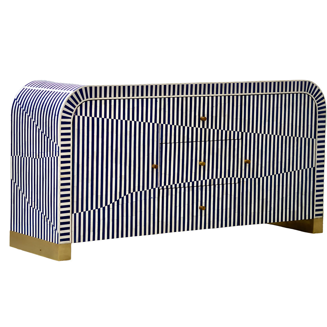 Bone Inlay Curved Sideboard - Blue Stripe