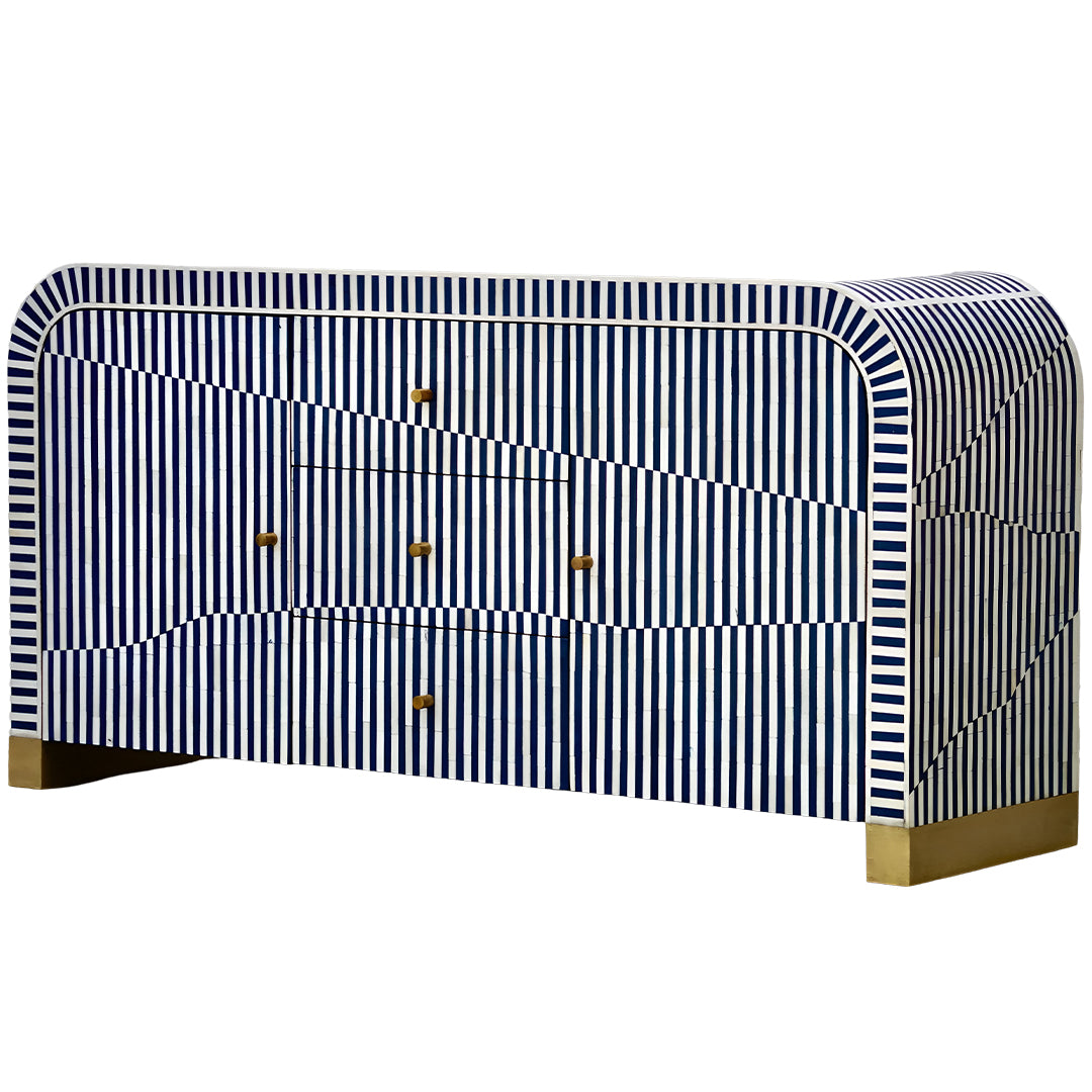 Bone Inlay Curved Sideboard - Blue Stripe