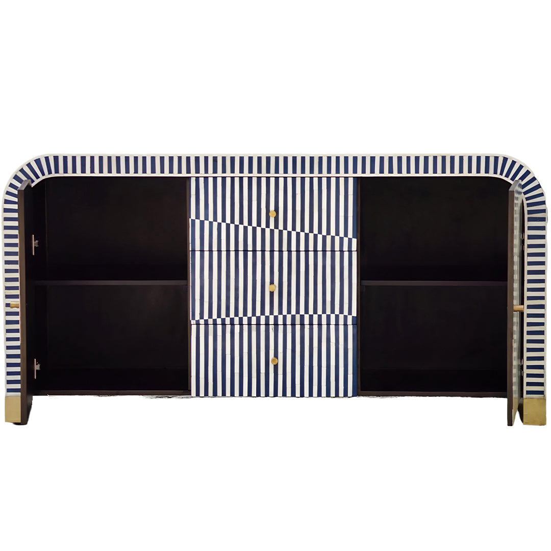 Bone Inlay Curved Sideboard - Blue Stripe