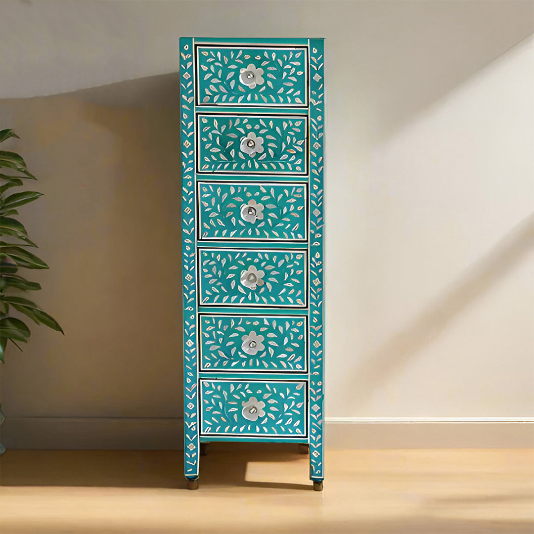 Bone Inlay Chest Of 6 Drawers Tall Boy In Teal Green Color