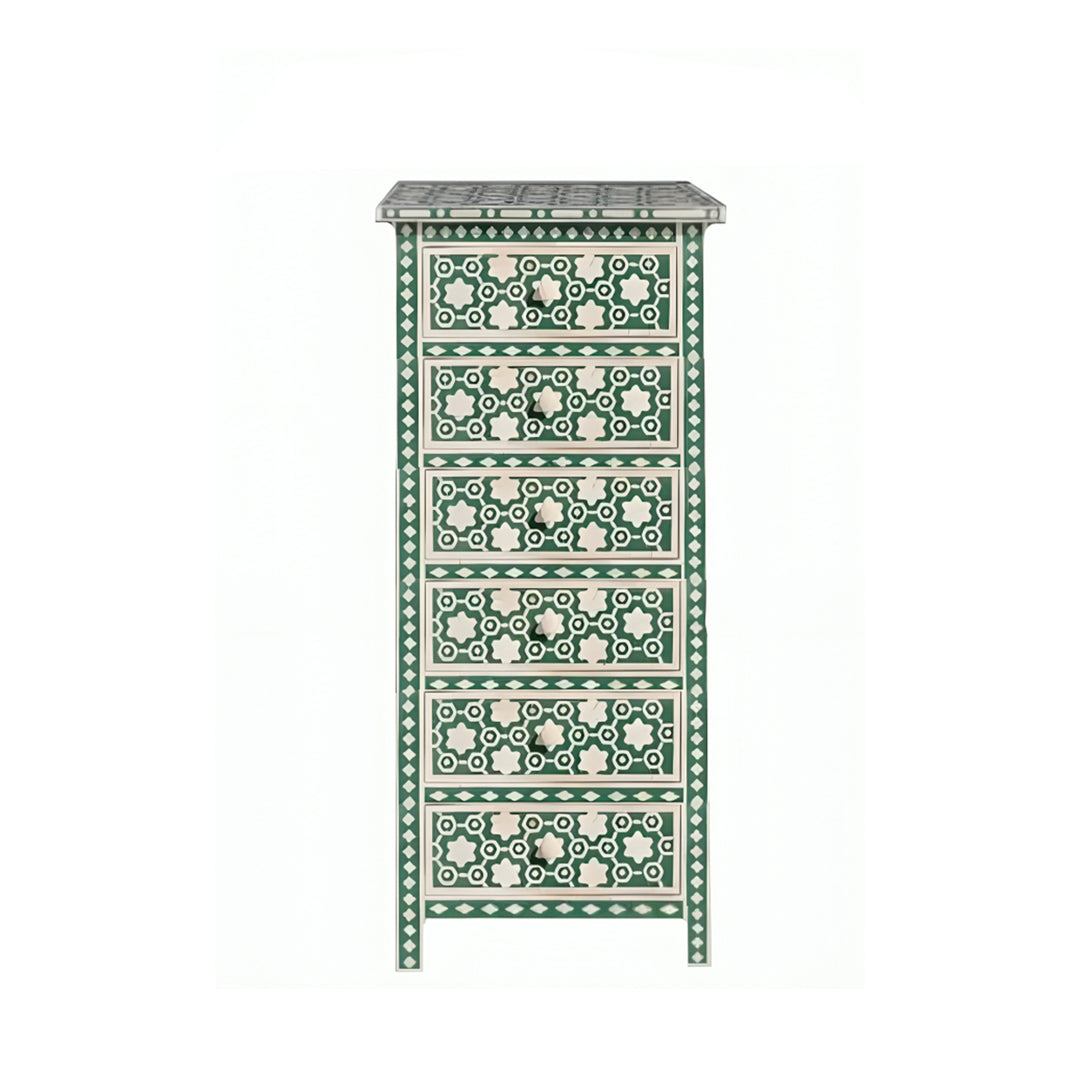 Bone Inlay Chest Of 6 Drawers Tall Boy In Floral Pattern Green Color