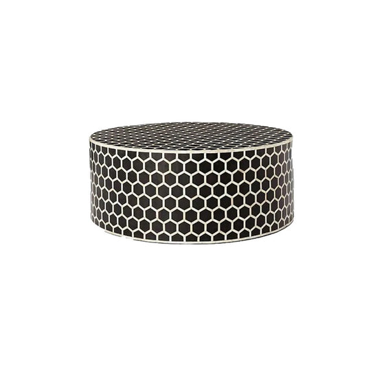 Geometric Honeycomb Pattern Bone Inlay Round Coffee Table - Black