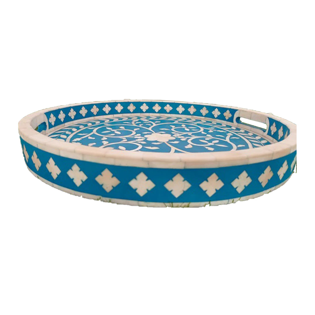 Handmade Customized Bone Inlay Round Serving Tray