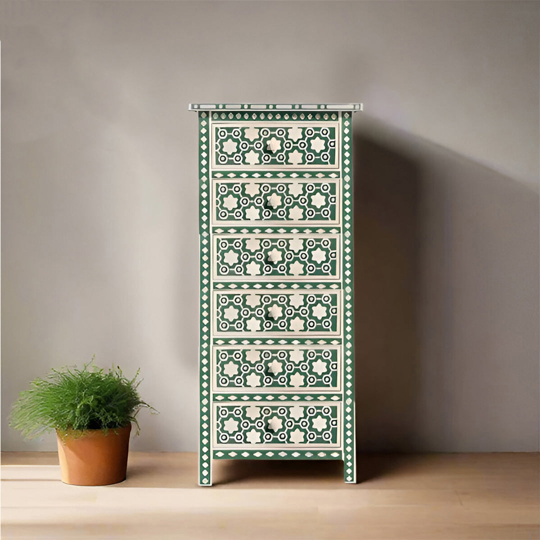 Bone Inlay Chest Of 6 Drawers Tall Boy In Floral Pattern Green Color