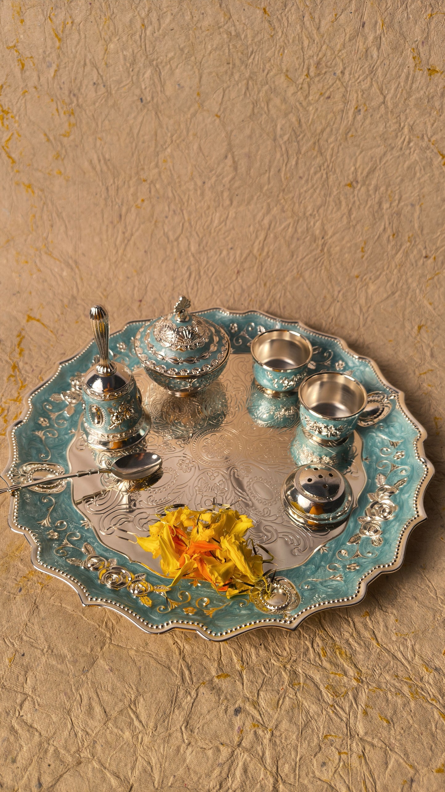 Decorative Puja Thali with Diya, Bell, Kumkum Container and Floral Embossed Design