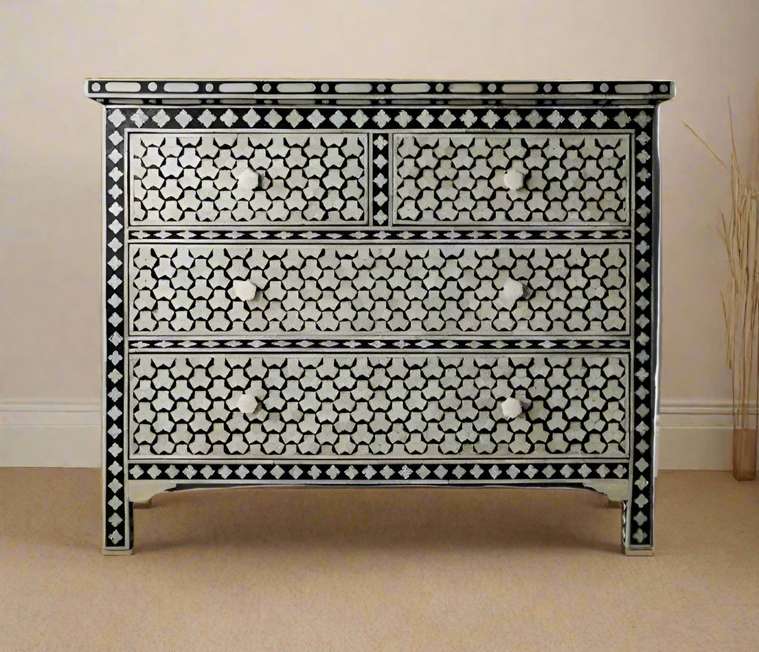 Beautifull Handmade Bone Inlay Chest of 4 drawers, Taruga Pattern