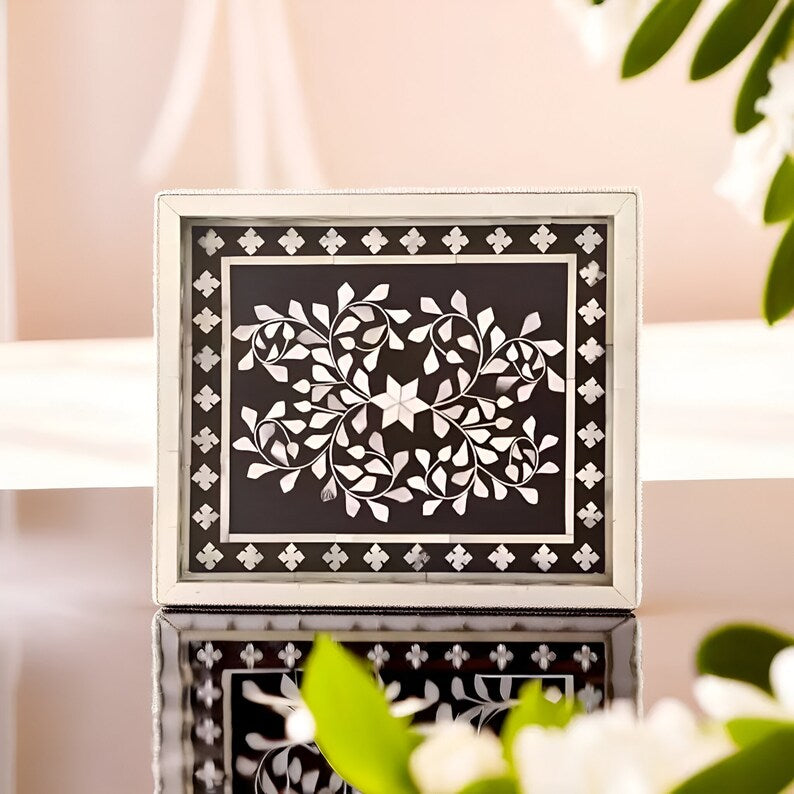 Handmade Customized Rectangular Shape Bone Inlay Serving Tray