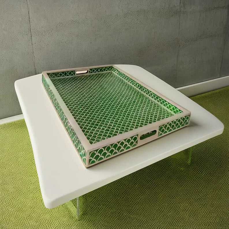 Bone Inlay Tray in Fish Scale pattern Tray Design - Green