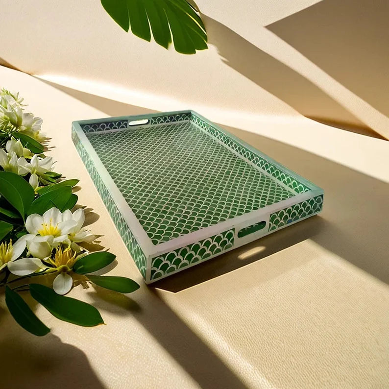 Bone Inlay Tray in Fish Scale pattern Tray Design - Green