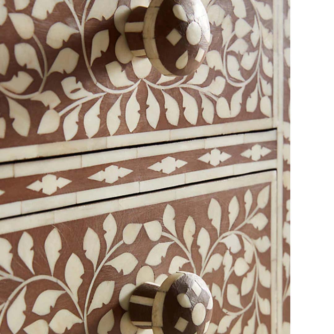 Bone Inlay Chest Of 6 Drawers Tall Boy In Floral Pattern Brown Color