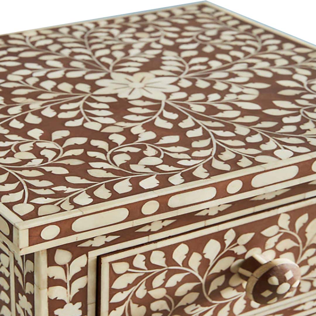 Bone Inlay Chest Of 6 Drawers Tall Boy In Floral Pattern Brown Color