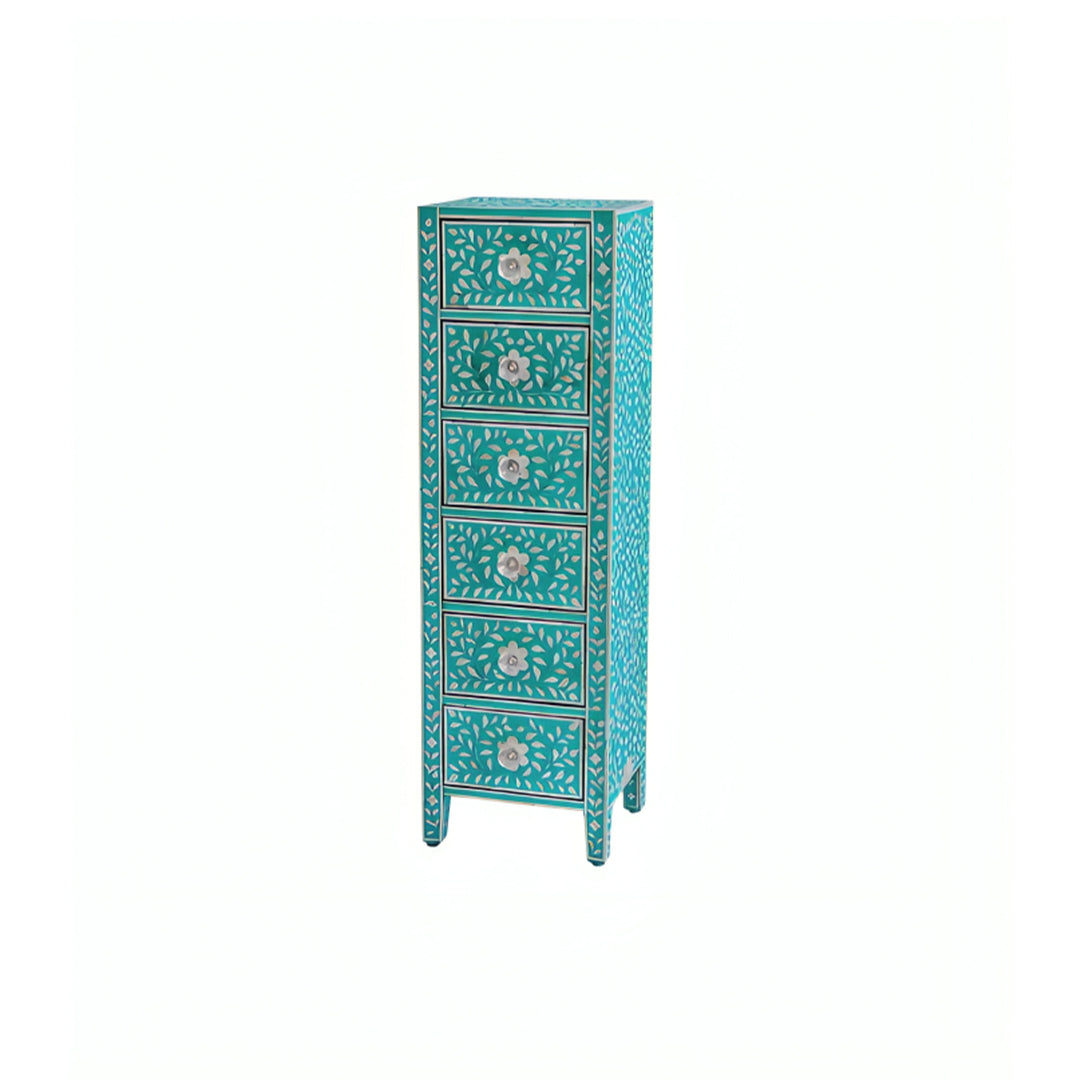 Bone Inlay Chest Of 6 Drawers Tall Boy In Teal Green Color
