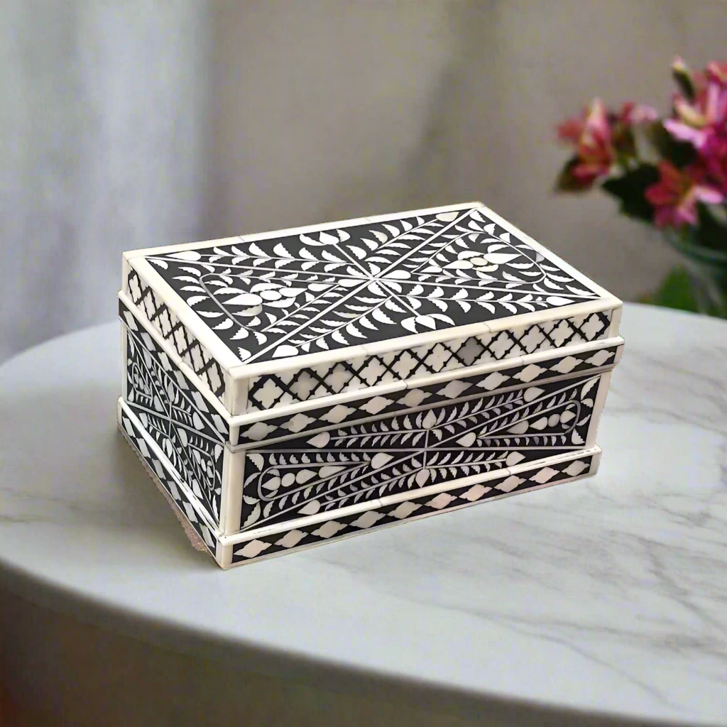 Beautiful Handmade Customized Bone Inlay Floral Pattern Black Jewelry Box