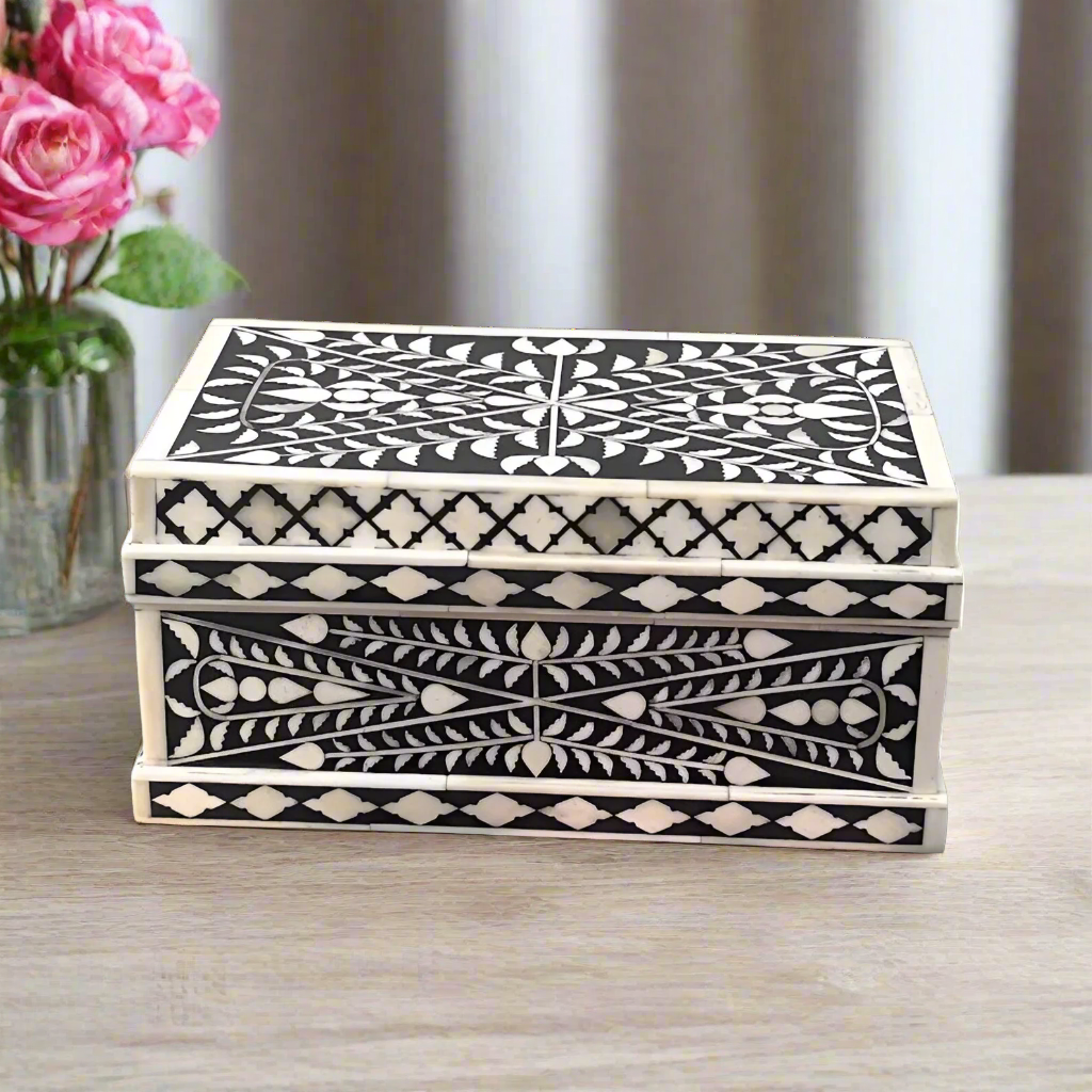 Beautiful Handmade Customized Bone Inlay Floral Pattern Black Jewelry Box