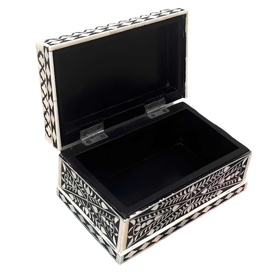 Beautiful Handmade Customized Bone Inlay Floral Pattern Black Jewelry Box