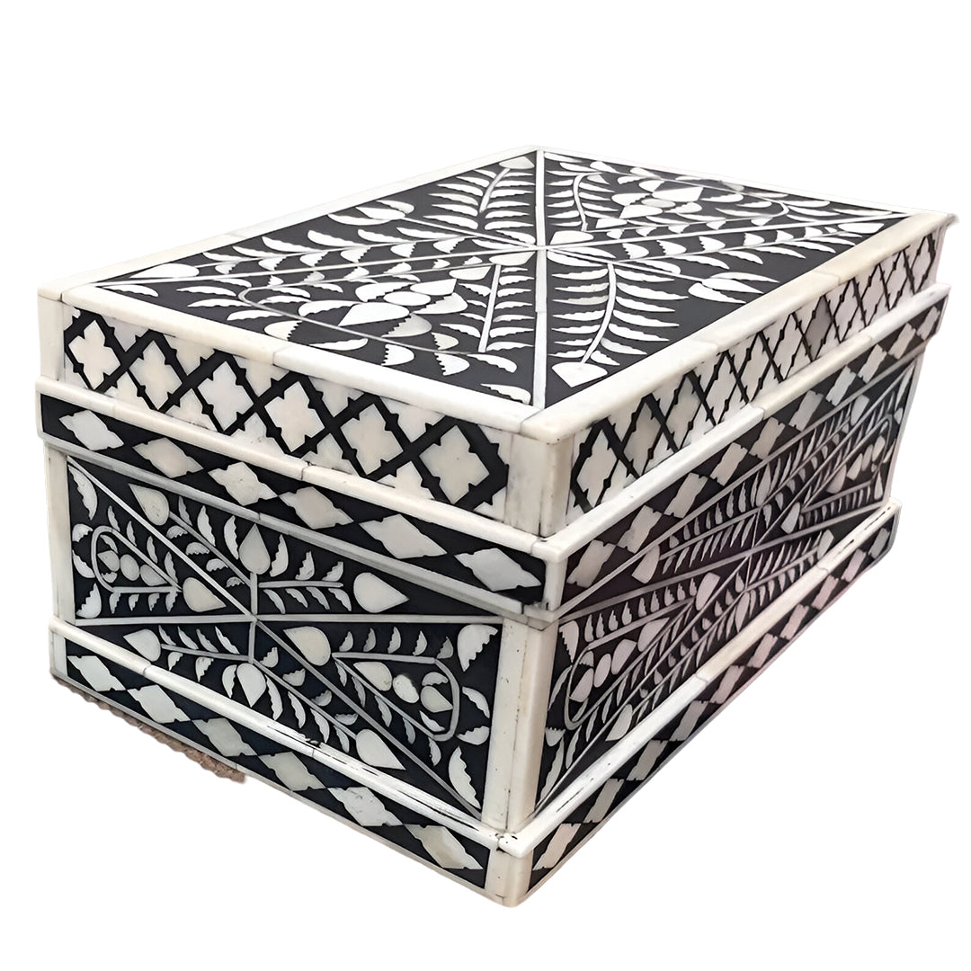 Beautiful Handmade Customized Bone Inlay Floral Pattern Black Jewelry Box