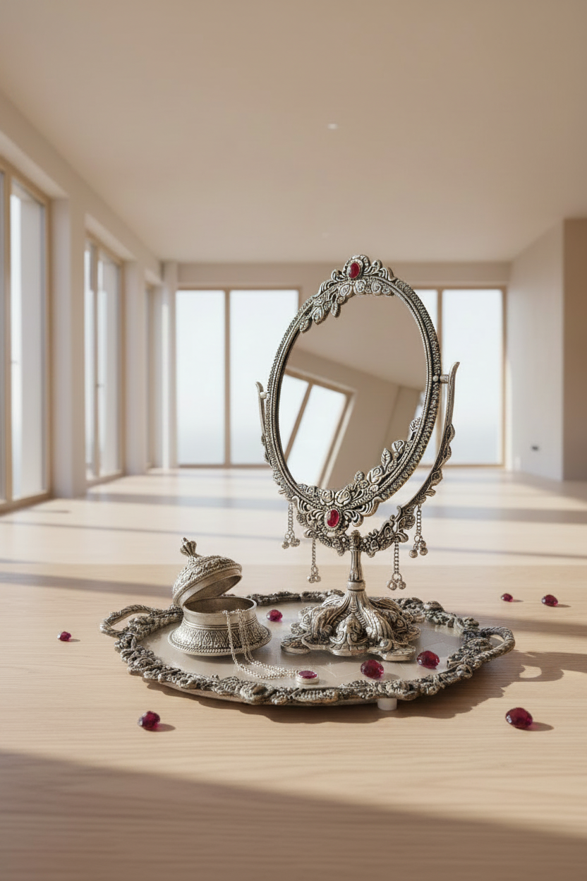 Decorative Dual-Sided Makeup Mirror with Antique Silver Finish, Floral Border Design and Matching Vanity Tray