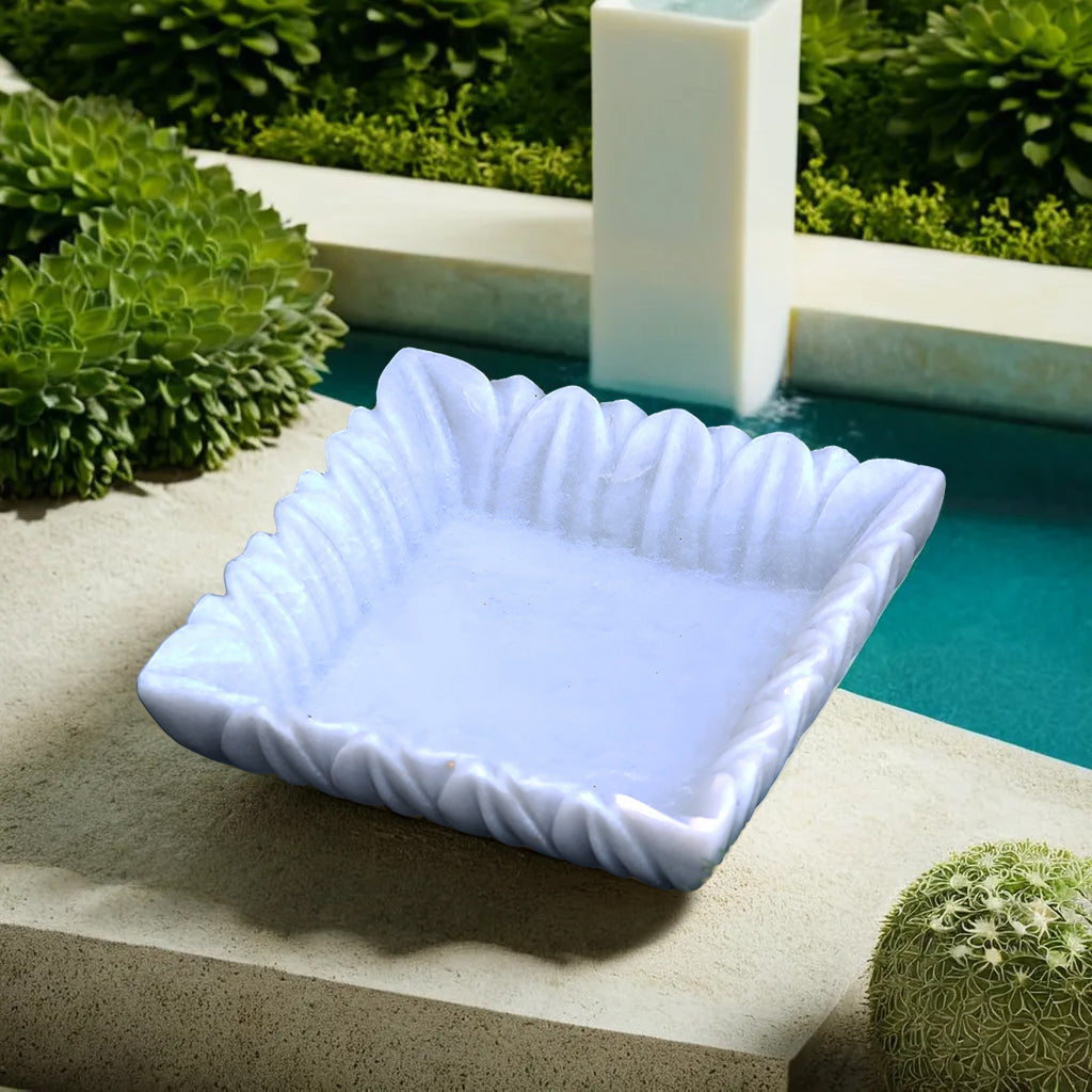 White Marble Carved Bowl – Floral Design Fruit & Accent Bowl for Tables