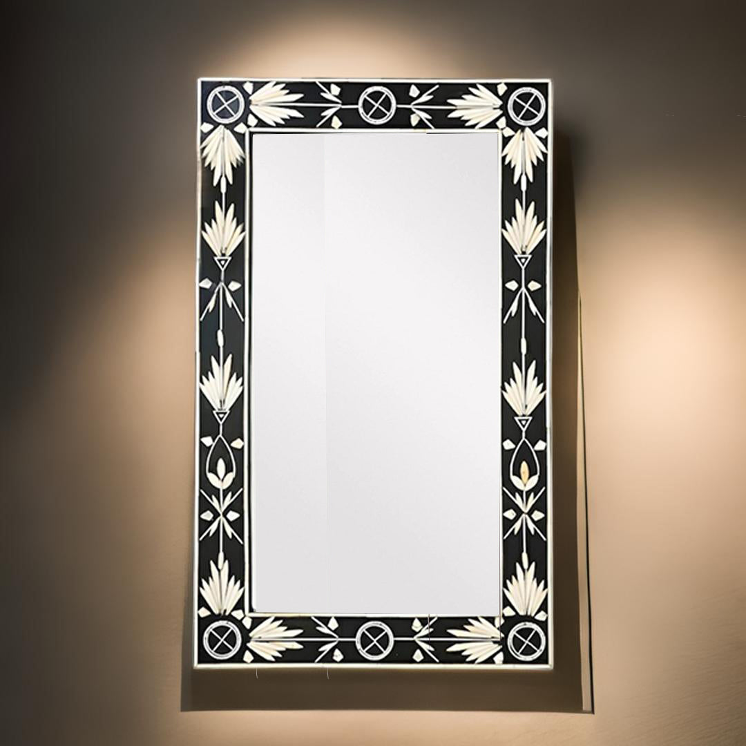 Handmade Bone Inlay Mirror Frame Petal Pettren Black color with Complimentary Mirror
