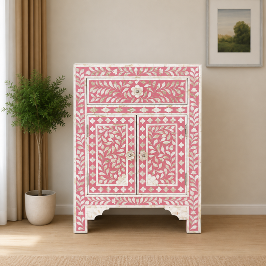 Handcrafted Pink Bone Inlay Accent Cabinet Front Angle View