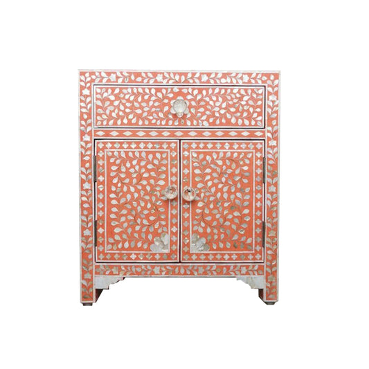 Handmade Peach Bone Inlay Accent Cabinet Front Angle View