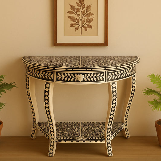 Handmade Customized Bone Inlay 1 Drawer Semi Circle  Console Table