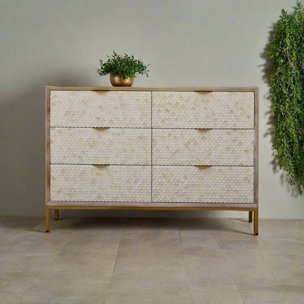 Bone Inlay Chest Of 6 Drawers, Fish Scale Pattern In White