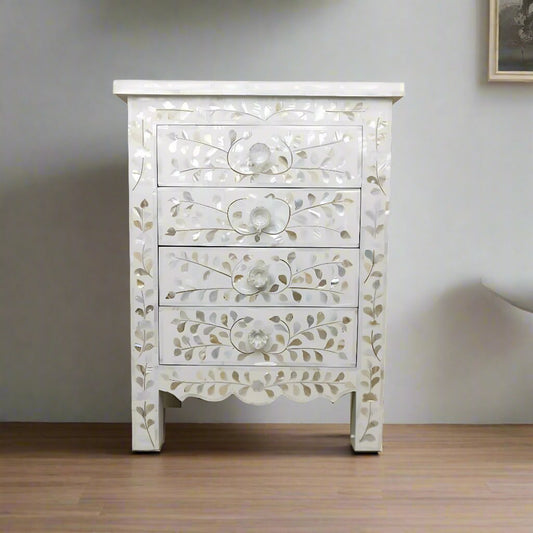 HANDMADE MOTHER OF PEARL INLAY BEDSIDE TABLE- Floral/White