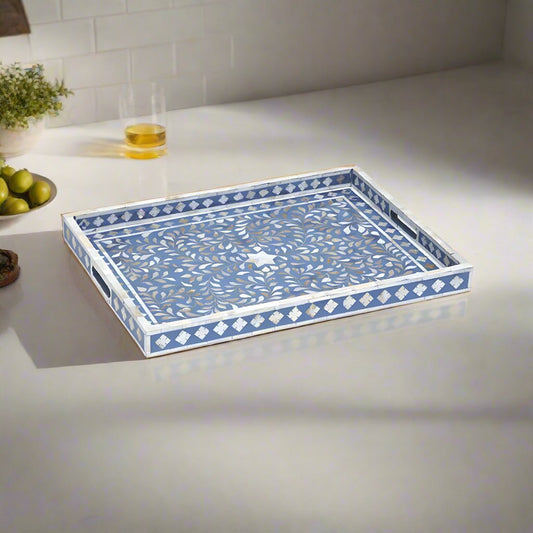 Indigo mother of pearl inlay round antique vintage serving tray for home & living