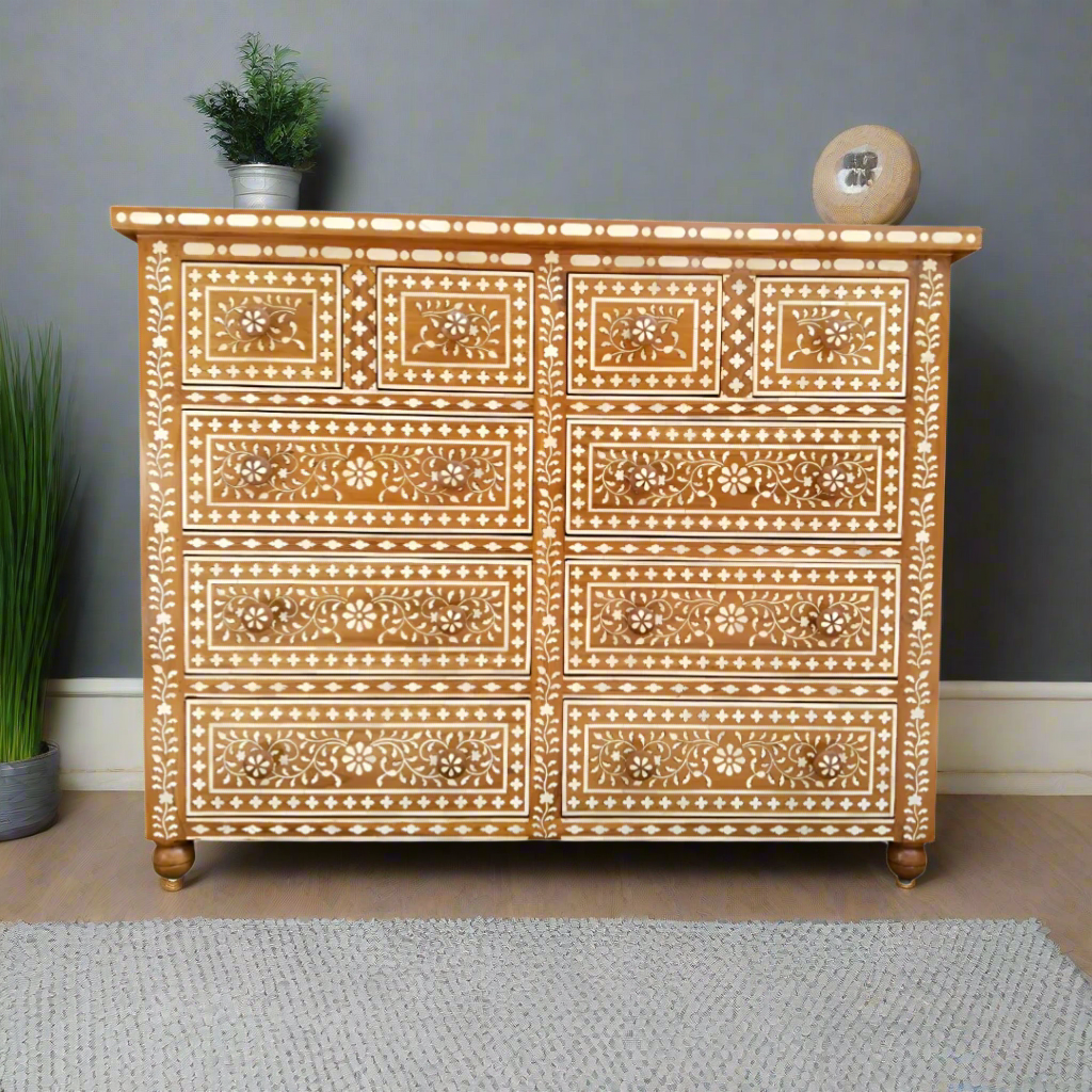 Handcrafted Antique Bone Inlay Chest of 10 Drawers