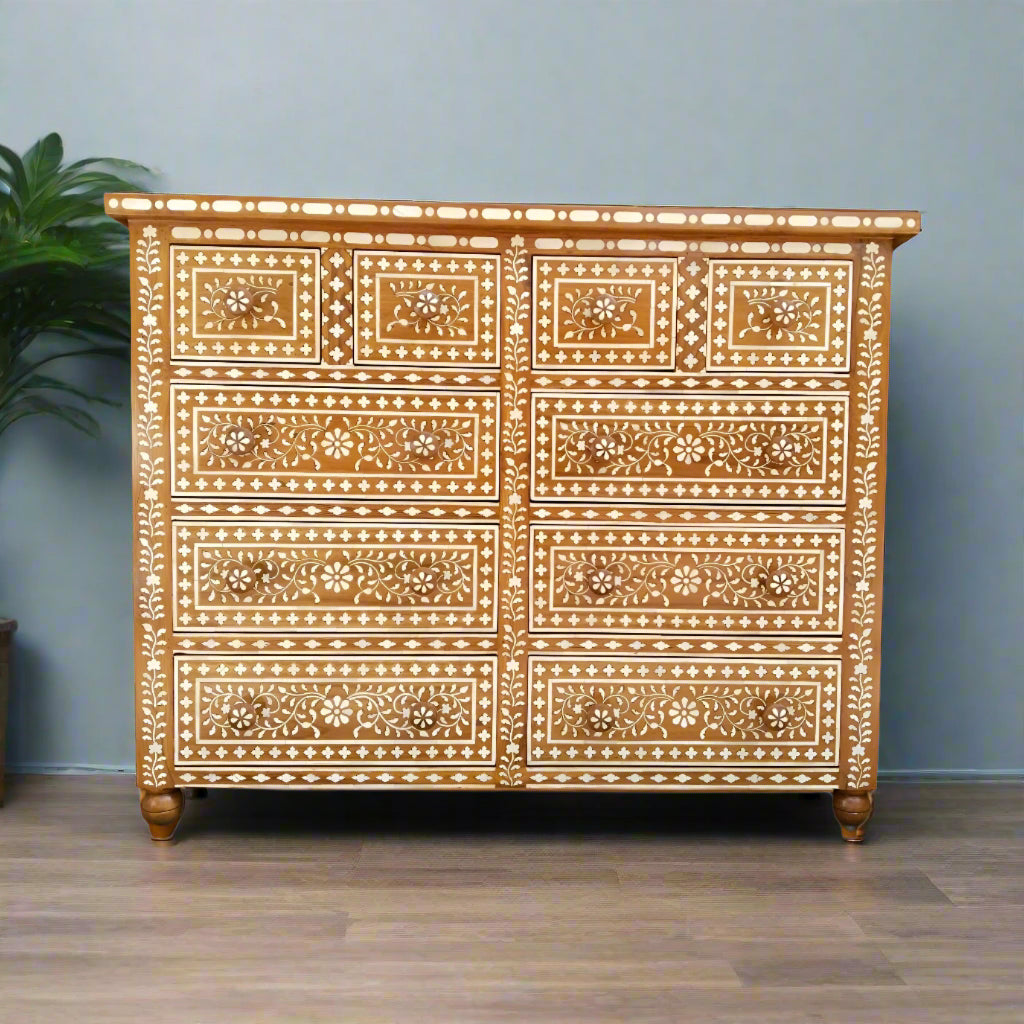 Handcrafted Antique Bone Inlay Chest of 10 Drawers