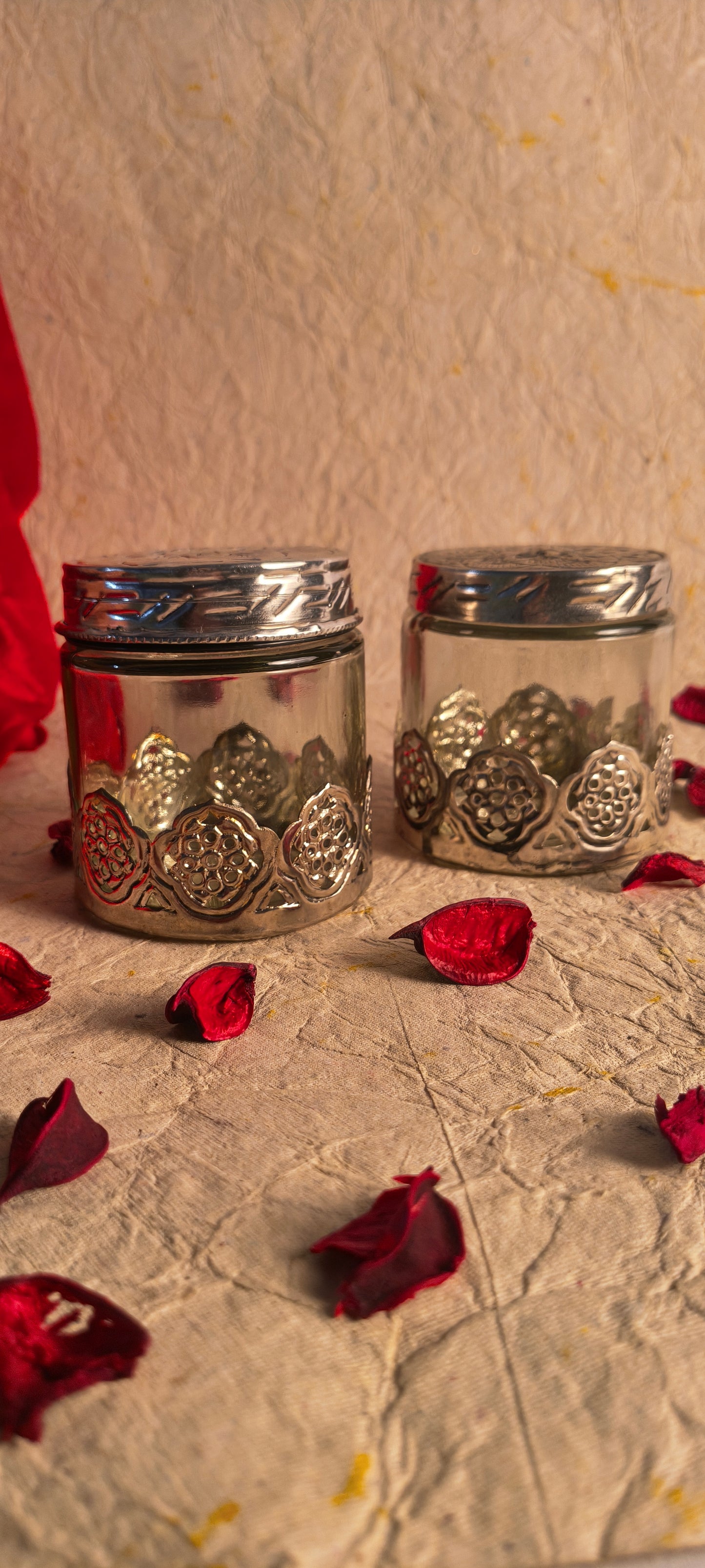 Pair of Handcrafted German Silver & Glass Utility Jars with Intricate Cutwork Base (Set of 2)