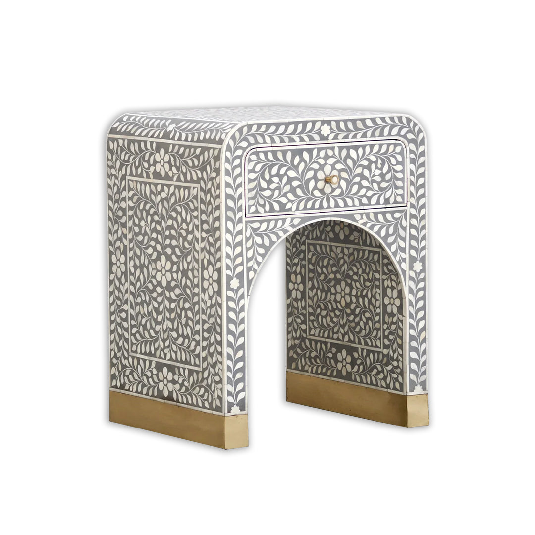 Bone Inlay Curved Bedside Table - Floral