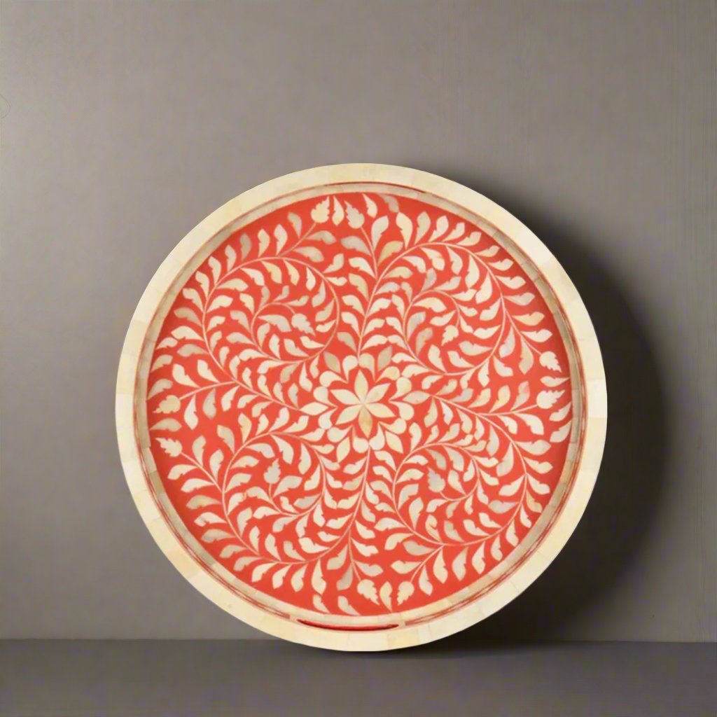 Handmade Customized Bone Inlay Round Serving Tray