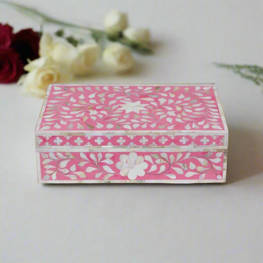 Customized Handmade Mother of Pearl Pink Color Floral Pattern Jewelry Box