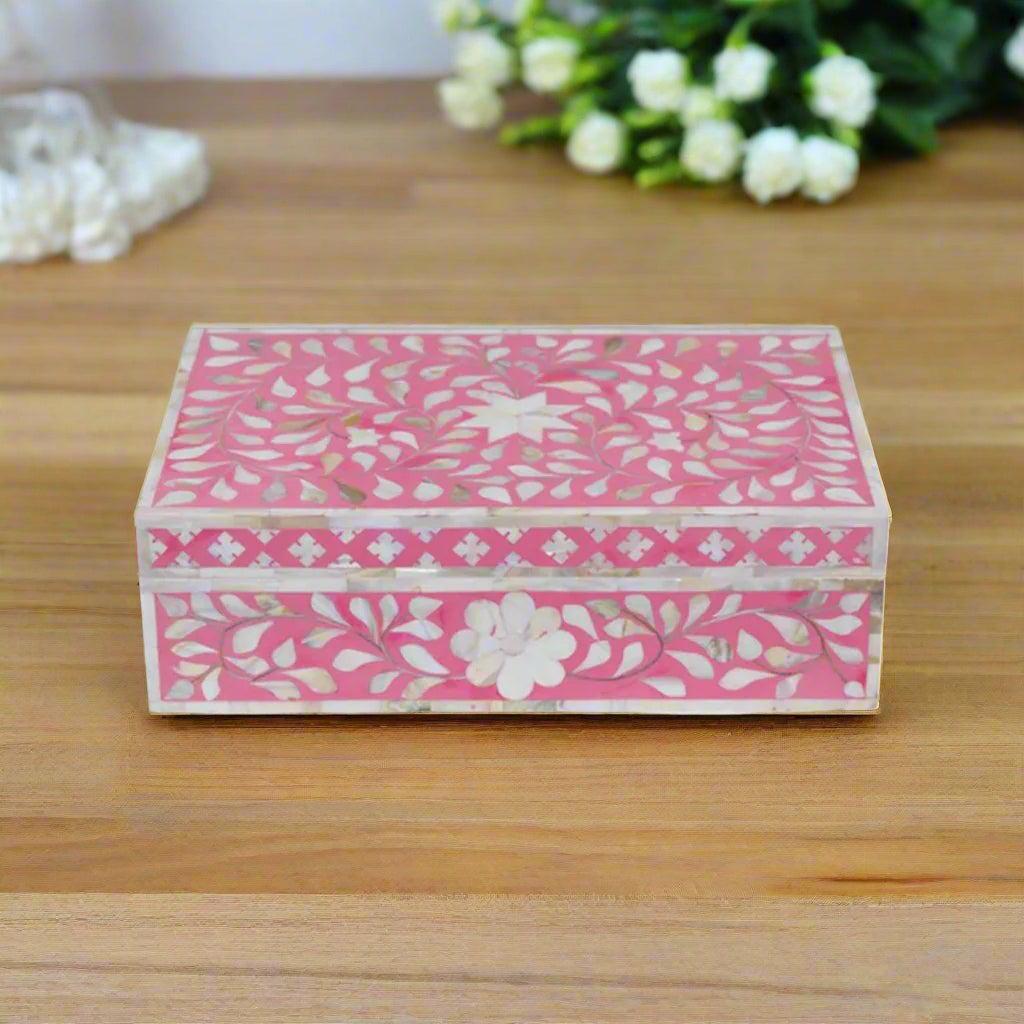 Customized Handmade Mother of Pearl Pink Color Floral Pattern Jewelry Box
